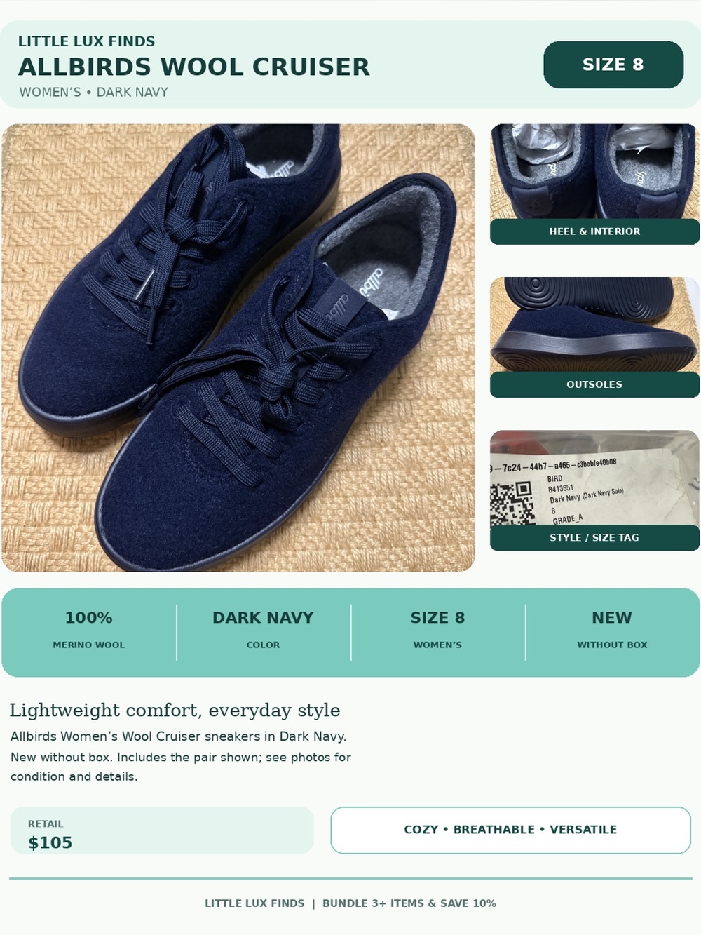 Allbirds Women’s Wool Cruiser Sneakers Dark Navy Size 8